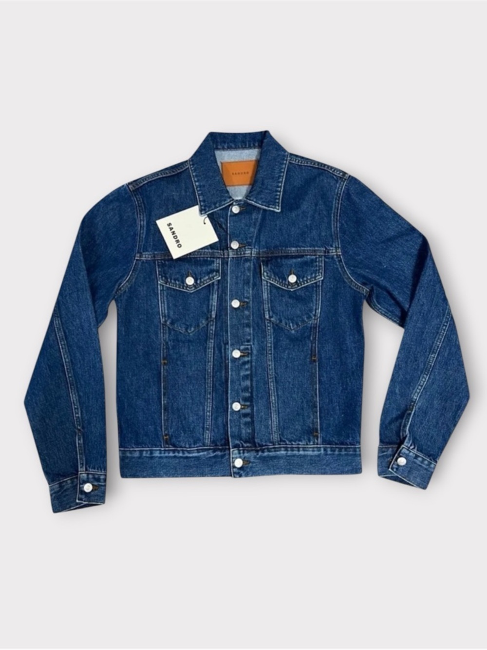 SANDRO French Luxury Brand from Paris Blue Denim Jacket with Tie Die Back.